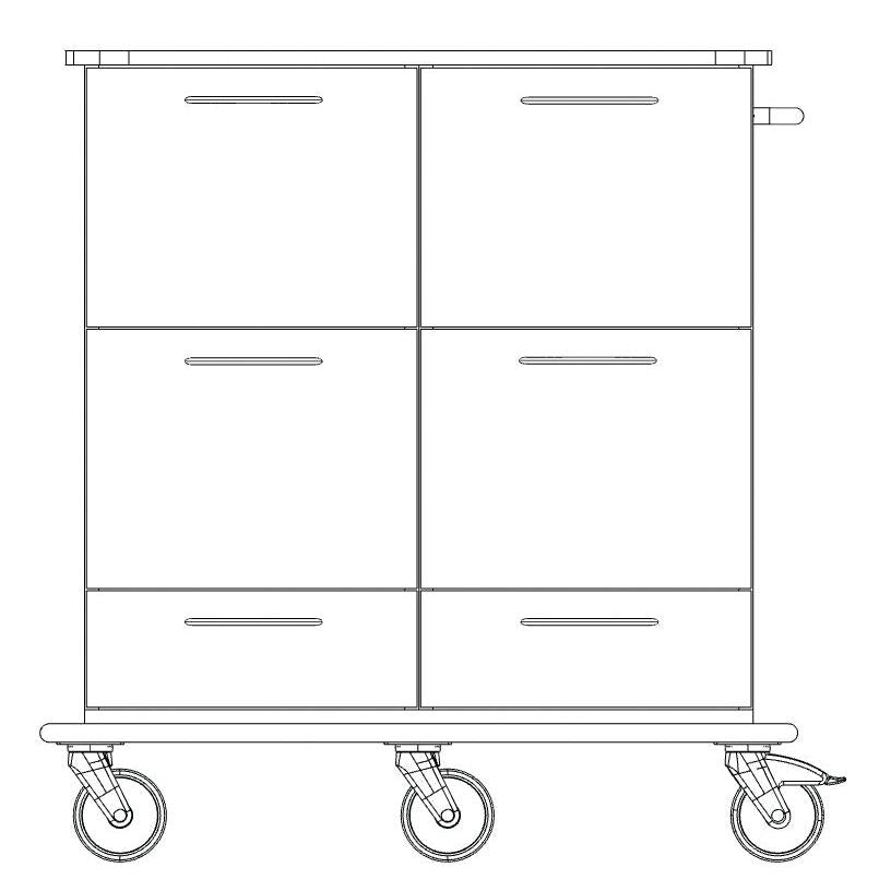 Line drawing of the Novocal care and work cart: a rectangular cart with six drawers (2 columns x 3 rows), four wheels, and a handle on the right side for easy movement. Brand: Novocal.