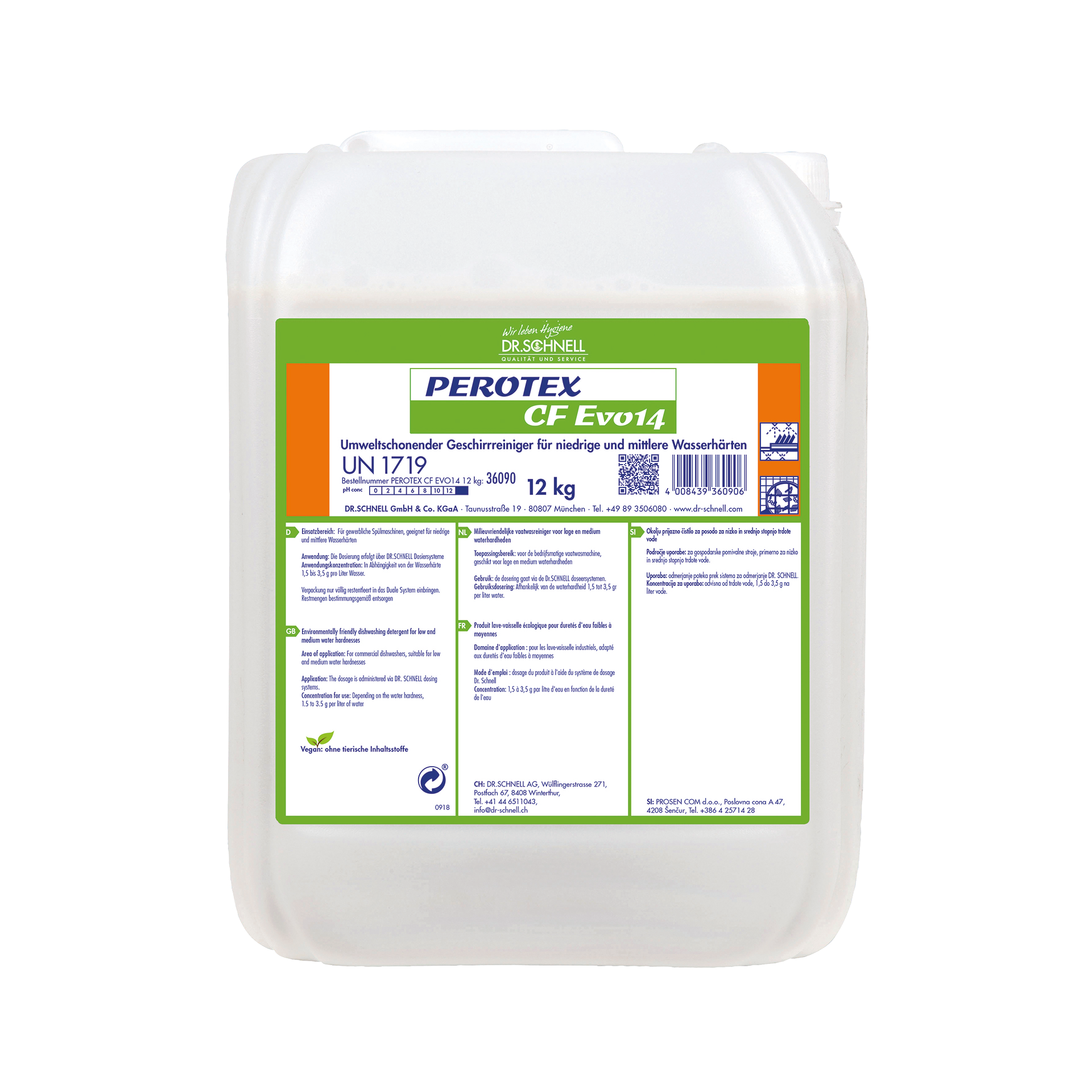 Ein weißer 12-kg-Kunststoffbehälter mit einem grün-orangefarbenen Etikett mit der Aufschrift "Dr. Schnell Perotex CF EVO 14 Geschirrreiniger" der DR.SCHNELL GmbH & Co. KGaA enthält Produktinformationen, Anweisungen und Sicherheitssymbole in deutscher Sprache für gewerbliche Geschirrspüler.