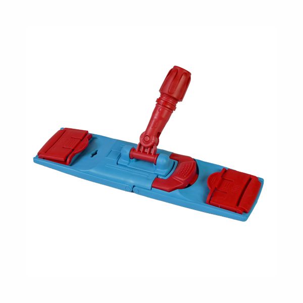 The Arcora Profi Mop Folding Holder Tab System by Arcora International GmbH features a blue-red mop head with a swivel joint and two red clips for secure pad attachment, perfect for efficient floor cleaning.