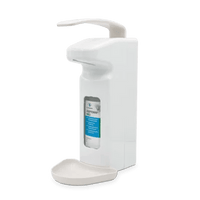 The Dr. Schumacher GmbH SPE 1000 Wall-Mounted Dispenser (1 unit) is a white wall-mounted dispenser for hand sanitizer, featuring a top-mounted lever and a drip tray, inside which a bottle of hand sanitizer with a blue label is visible.