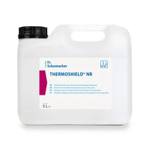 Ein weißer 5-Liter-Kunststoffkanister mit schwarzem Deckel der Dr. Schumacher GmbH, beschriftet mit "THERMOSHIELD NR", zur Reinigung, Desinfektion und zum Schutz von Endoskopoberflächen. Das Etikett ist hauptsächlich weiß mit blauen und rosa Akzenten.