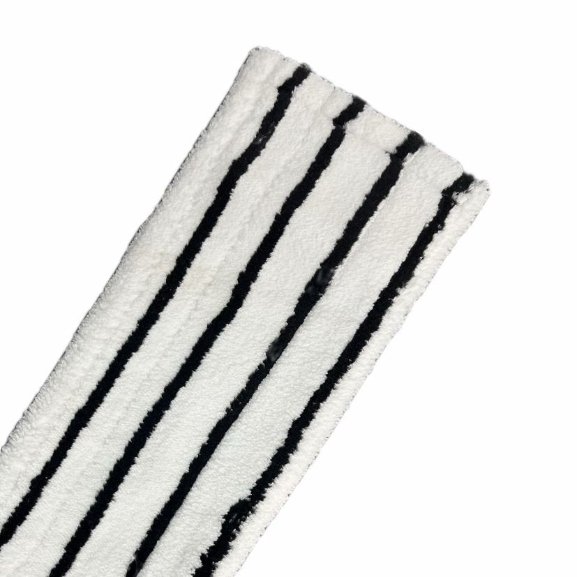 A close-up of the Arcora EXCELLENT HARD MOPP GRAY-WHITE from Arcora International GmbH - a gray-white, rectangular mop with evenly distributed black stripes, designed for effective cleaning of hard floors. The soft, textured material resembles a high-quality mop pad.