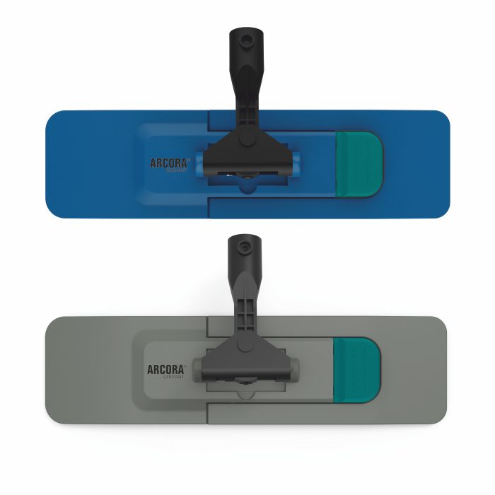 Pictured are two rectangular mop heads, one blue and one gray, each with a black swivel handle attachment and a green part on the right side. The logo of Arcora International GmbH highlights this Arcora Profi Mop Holder Standard Gray.
