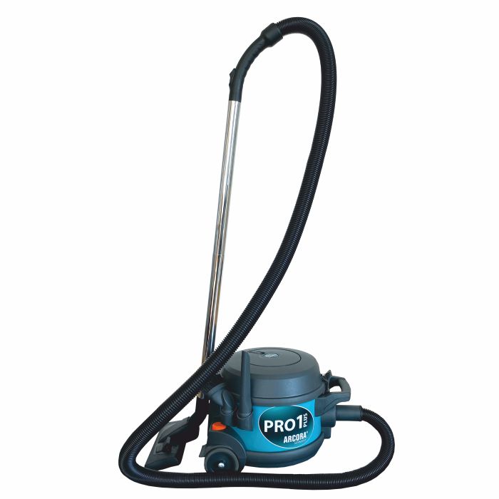 The Arcora Pro1Plus vacuum cleaner professional commercial vacuum cleaner from Arcora International GmbH is a powerful commercial vacuum cleaner with a long black hose, a metal tube, and a dark gray housing with wheels and blue and orange accents.