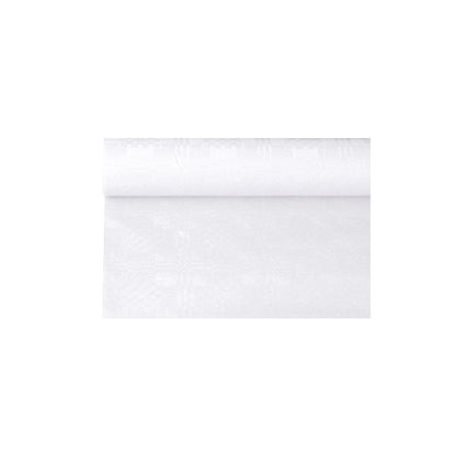 Eine Rolle PAPSTAR Papiertischtuch mit Damastprägung der PAPSTAR GmbH, ähnlich einer schlichten weißen Tapete für festliche Anlässe, ist teilweise ausgerollt und zeigt ihre glatte und gleichmäßige Textur vor dem schlichten weißen Hintergrund.