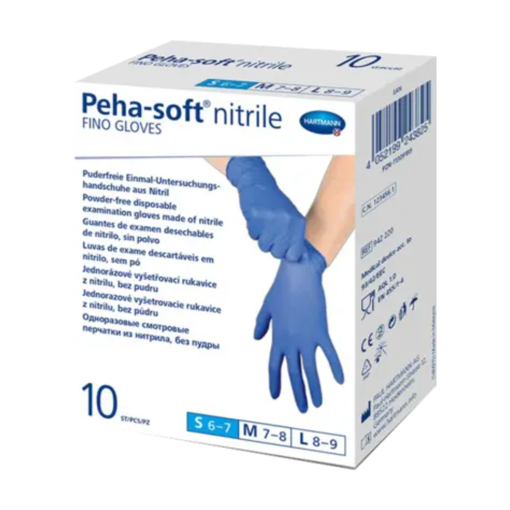 A box of latex-free Peha-soft® nitrile fino disposable gloves from Paul Hartmann AG. The box is labeled in multiple languages and indicates the powder-free and disposable nature of the gloves for medical use.