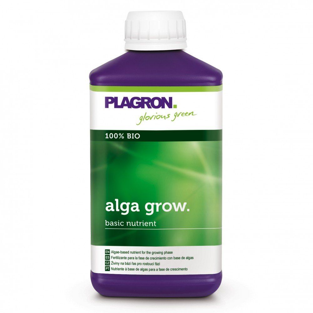 A bottle of Plagron Alga Grow Natural Growth Fertilizer by Bertels B.V. is a 100% organic base nutrient for growth. The bottle is purple and has a green-white label with the brand and product information.
