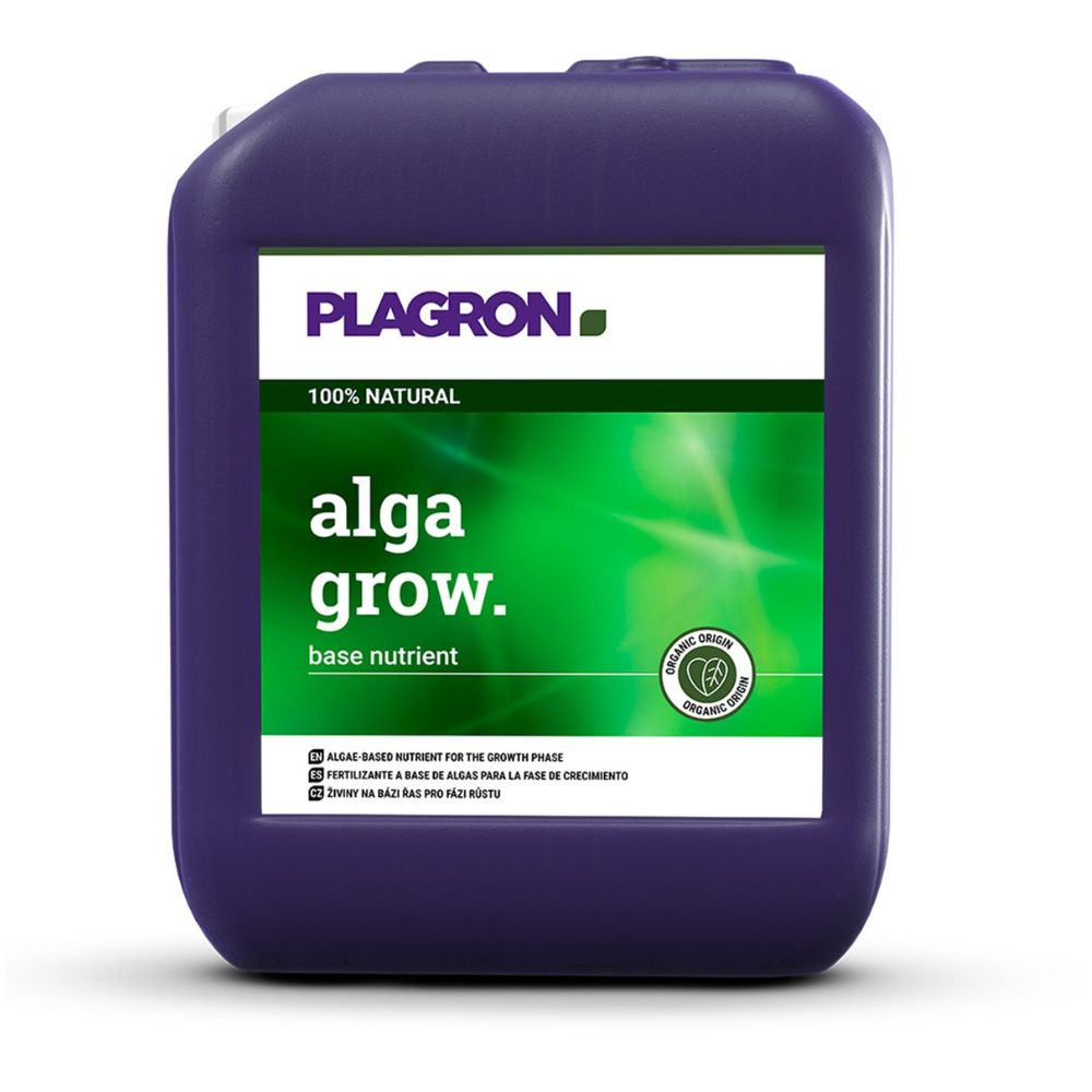 A large purple jug labeled "Plagron Alga Grow Natural Growth Fertilizer" by Bertels B.V. has a green background with text in English and Spanish. This square container with a top handle is an ideal natural growth fertilizer for your garden.
