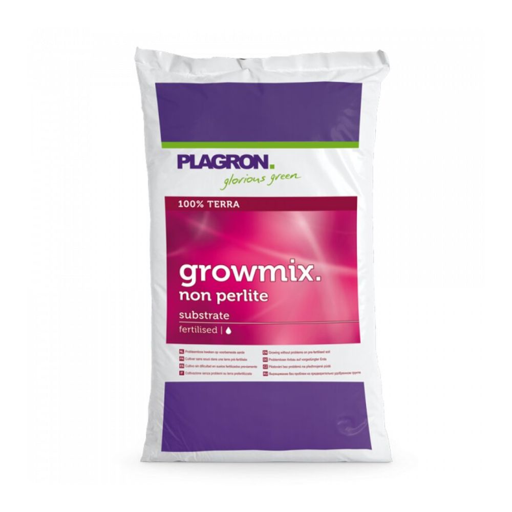 The image shows a white bag of Plagron Growmix 50 l – without perlite from Bertels B.V. with purple and pink accents and the inscription "Premium potting soil, pre-fertilized for 100% Terra fertilization, to ensure healthy plant growth".