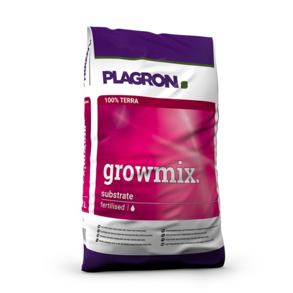 Der Plagron Growmix mit Perlite-Beutel von Bertels B.V. wird in einem einzigartigen lila-rosa Design mit auffälligem weißem Text präsentiert. Er besteht zu 100 % aus Terra, angereichert mit Wurmhumus für eine bessere Luftdurchlässigkeit, und das Markenlogo ist prominent oben zu sehen.