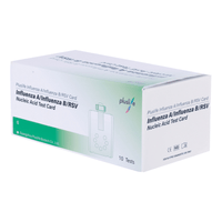 A box of Pluslife Influenza A / Influenza B / RSV test kits (10 tests) from Pluslife Co., Ltd. contains 10 tests, with labels in English and markings indicating CE certification