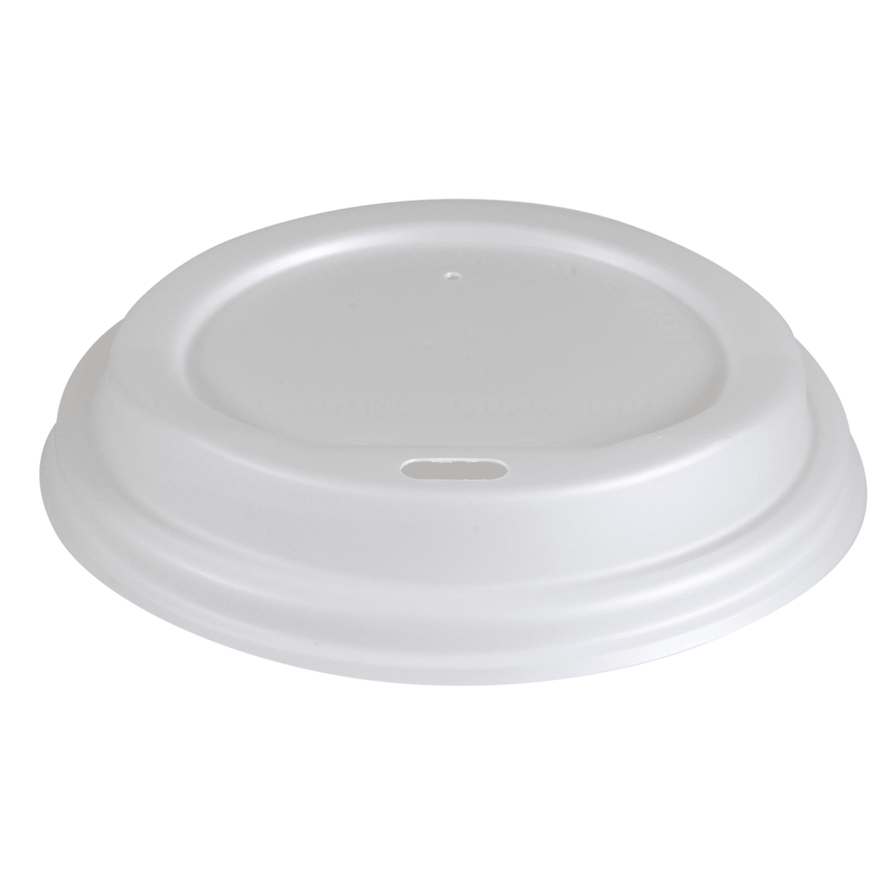 The white lid for Abena Re-Seller GmbH's organic cups, made of biodegradable plastic, has a small oval drinking hole and is shown from above against a plain background.