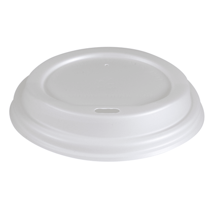 The white "Lid for Bio Cups" from Abena Re-Seller GmbH is biodegradable and features a small oval drinking hole—ideal as an eco-friendly lid for Bio cups. Top view on a white background.