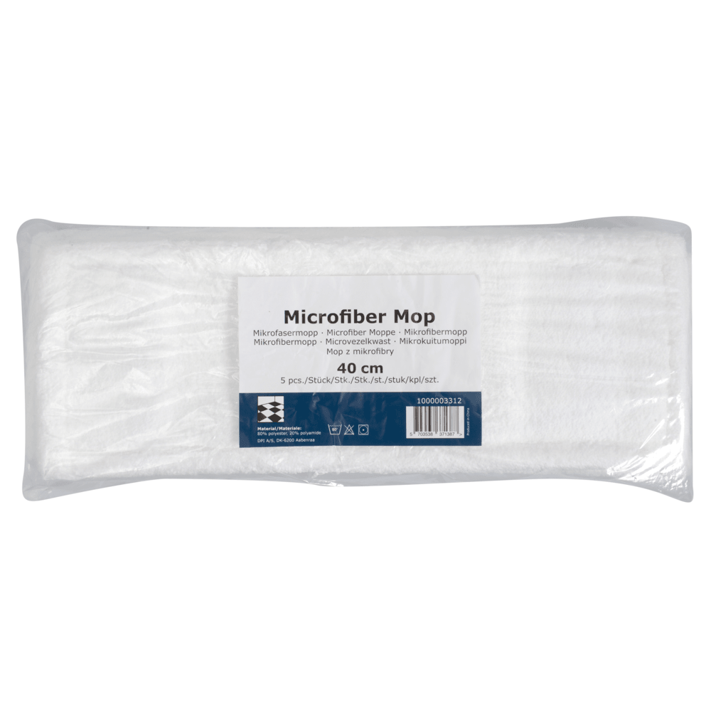 Der Abena Re-Seller GmbH Mikrofasermopp Standard, Weiß, ist eine rechteckige 40 cm große 5er-Nachfüllpackung mit blau-weißem Etikett - ideal für die nachhaltige Reinigung.