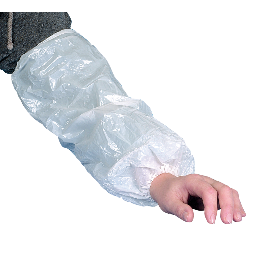 Der Arm einer Person wird durch einen Abena Ärmelschoner (40 cm, 20 my PE, weiß) geschützt, der vom Handgelenk bis oberhalb des Ellenbogens reicht und dessen Enden gerafft sind; die Hand bleibt frei. Packung: 100 Stück. Marke: Abena Re-Seller GmbH.