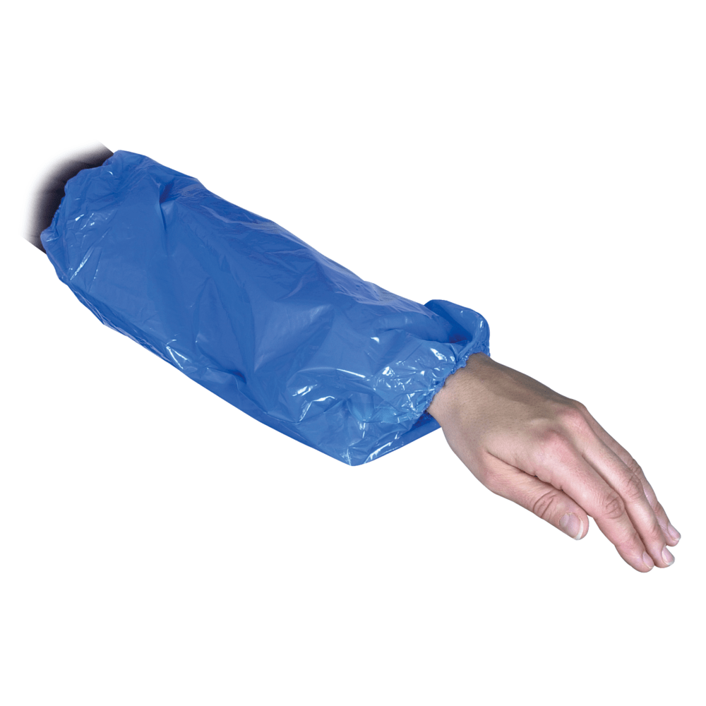 An arm wearing a 40 cm, 30 my PE blue sleeve protector from Abena Re-Seller GmbH, with elastic at the wrist and upper arm, shown in isolation against a white background. Package: 100 pieces.