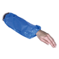 An arm wearing a 40 cm, 30 my PE blue sleeve protector from Abena Re-Seller GmbH, with elastic at the wrist and upper arm, shown in isolation against a white background. Package: 100 pieces.