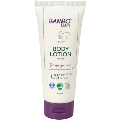 A 100 ml white tube of Bambo Nature body lotion from Abena Re-Seller GmbH, color and fragrance-free, with a purple cap, squirrel illustration, and hypoallergenic labels-perfect for sensitive skin; pack of 6 pieces.
