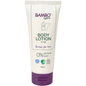 A 100 ml white tube of Bambo Nature body lotion from Abena Re-Seller GmbH, color and fragrance-free, with a purple cap, squirrel illustration, and hypoallergenic labels-perfect for sensitive skin; pack of 6 pieces.