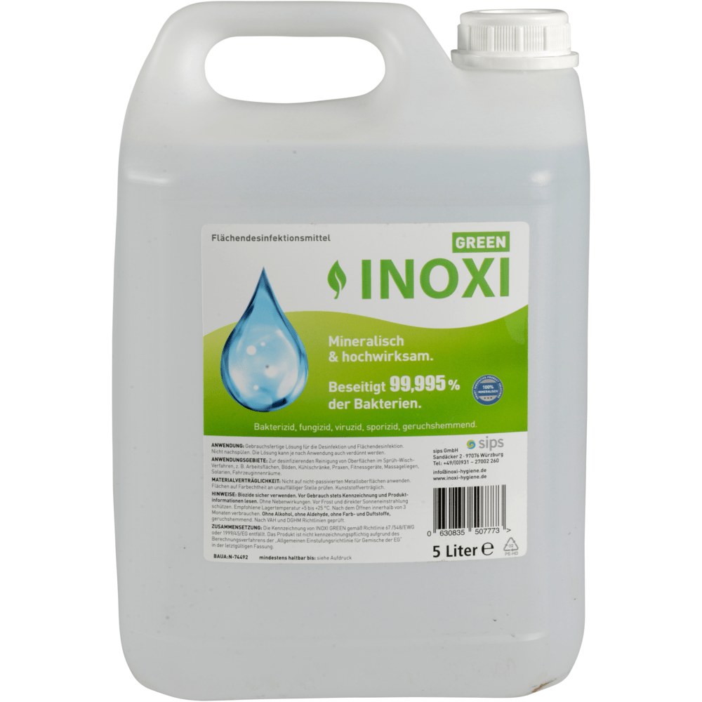 A 5-liter container made of transparent plastic with a white lid, labeled "Inoxi Green" by Abena Re-Seller GmbH. The green-white label states that it is a mineral surface disinfectant that kills 99.995% of bacteria.