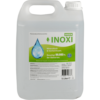 A 5-liter container made of transparent plastic with a white lid, labeled "Inoxi Green" by Abena Re-Seller GmbH. The green-white label states that it is a mineral surface disinfectant that kills 99.995% of bacteria.