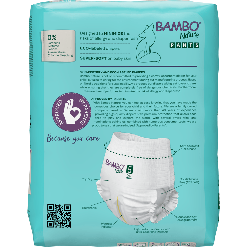 A pack of Bambo Nature Pants, Size 5, from Abena Re-Seller GmbH features eco-friendly diapers with eco-labels that are breathable and have a flexible fit. The key features are displayed on the teal-colored packaging.