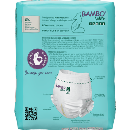 A pack of Bambo Nature Pants, Size 5, from Abena Re-Seller GmbH features eco-friendly diapers with eco-labels that are breathable and have a flexible fit. The key features are displayed on the teal-colored packaging.