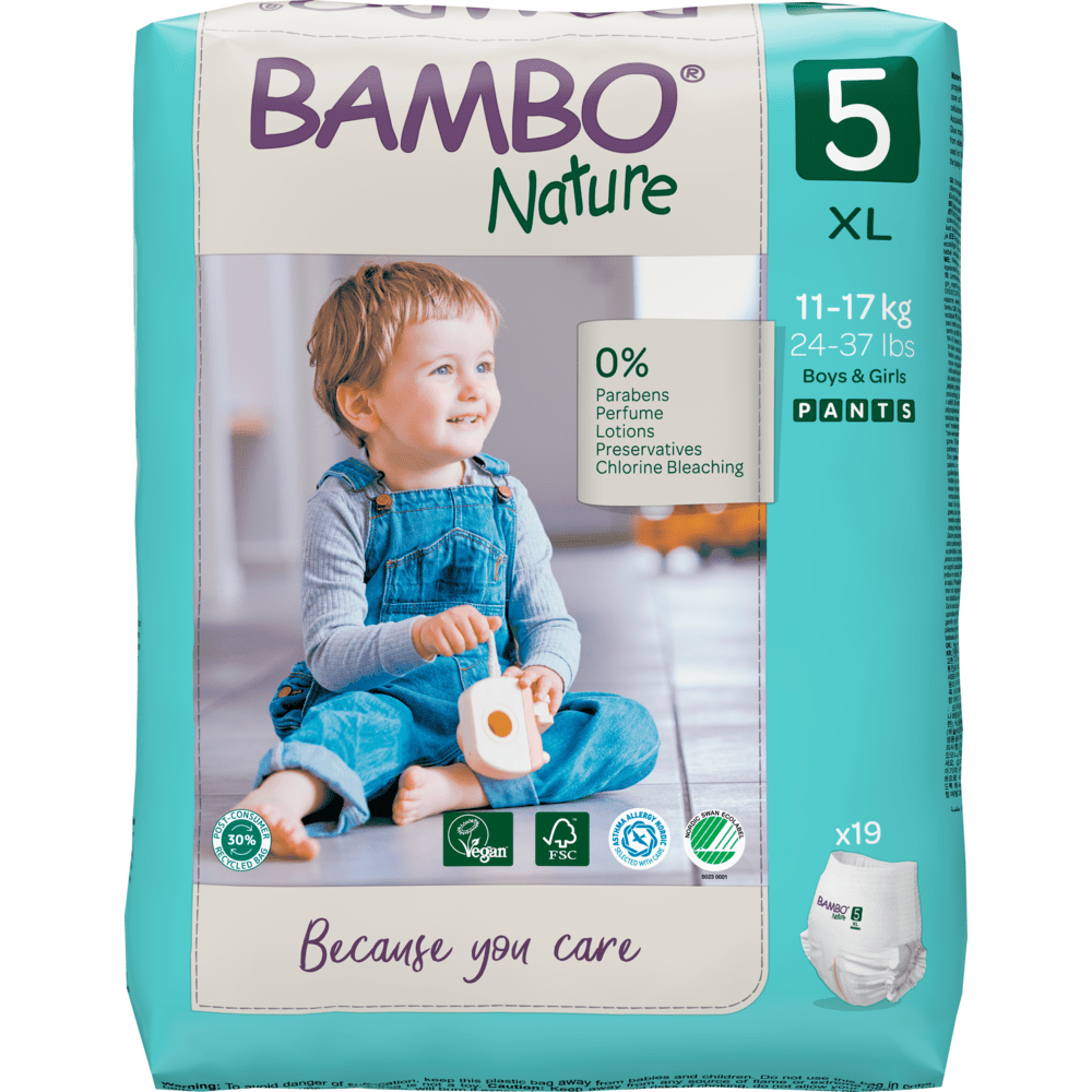 The Bambo Nature Pants XL from Abena Re-Seller GmbH, Size 5 (11-17 kg/24-37 lbs), in a 19-pack with 0% unwanted chemicals, suitable for boys and girls; the packaging shows a toddler in a blue overall holding a toy.