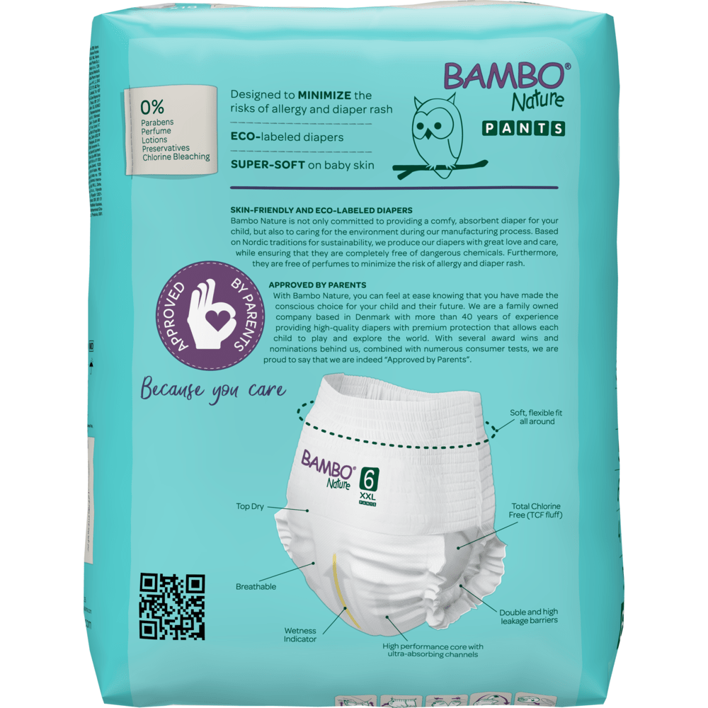 Back of a teal-colored Bambo Nature Pants (Size 6 XXL) from Abena Re-Seller GmbH, with eco-label for eco-friendly and skin-friendly diapers, super soft, minimizes allergies, and shows a diaper image.