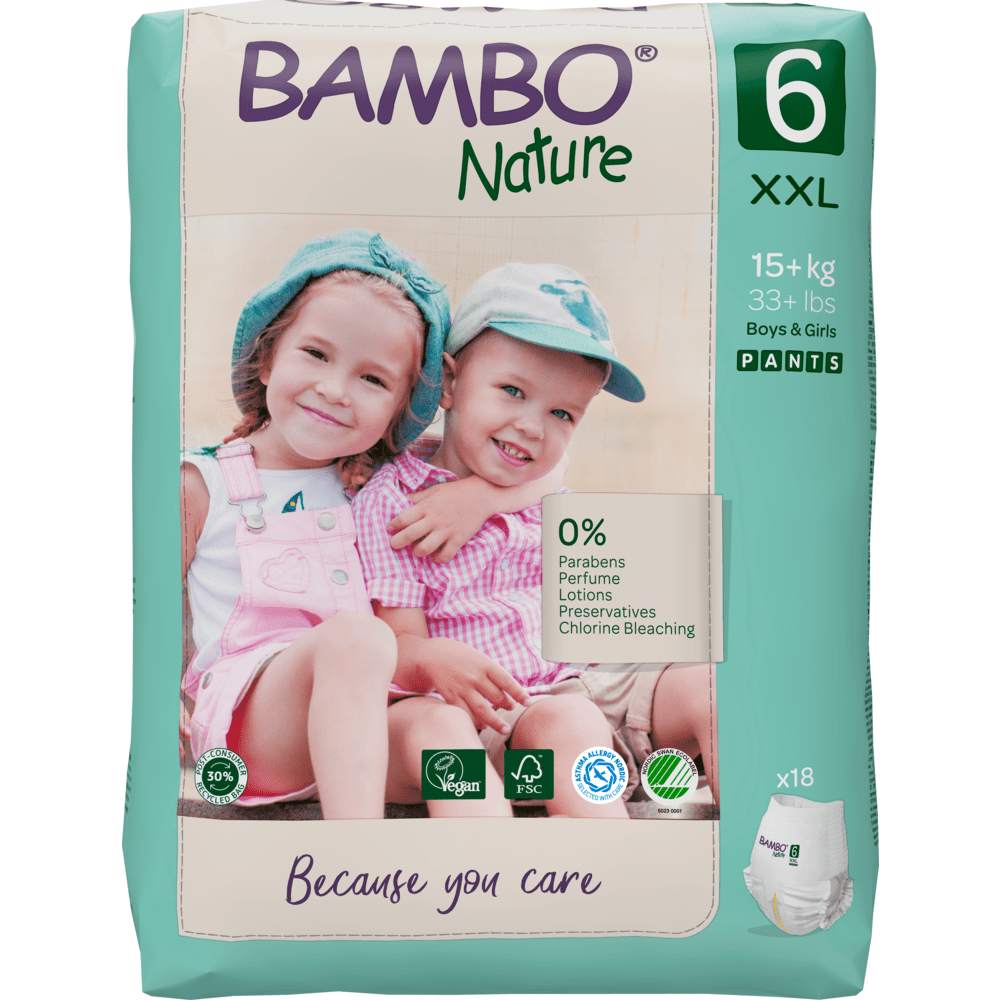 A pack of Bambo Nature Pants XXL from Abena Re-Seller GmbH in Size 6, showing two smiling children in pastel outfits. The eco-friendly packaging advertises 0% parabens, is vegan certified, and contains 18 skin-friendly diaper pants.