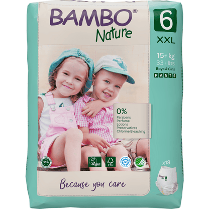 A pack of Bambo Nature Pants XXL from Abena Re-Seller GmbH in Size 6, showing two smiling children in pastel outfits. The eco-friendly packaging advertises 0% parabens, is vegan certified, and contains 18 skin-friendly diaper pants.