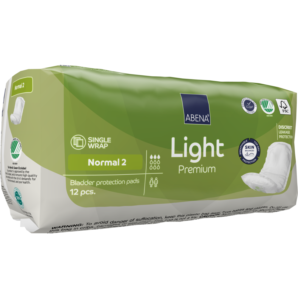 Eine grüne Packung ABENA Light Normal 2, Premium von Abena Re-Seller GmbH enthält 12 Paar. Die Packung zeigt Merkmale und eine Abbildung des Pads auf der rechten Seite für diskreten Schutz.