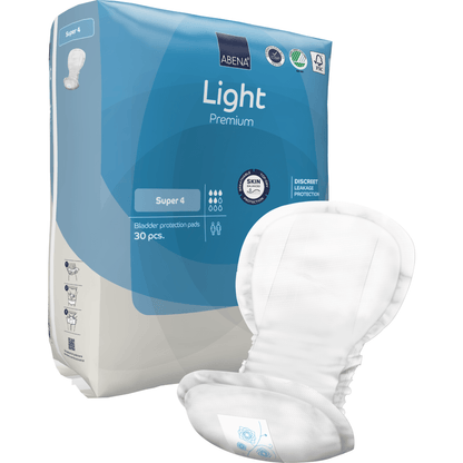 Eine Packung ABENA Light Super 4, Premium von Abena Re-Seller GmbH enthält 30 Blasenschutzeinlagen. Eine Einlage ist außerhalb der blau-weißen Packung abgebildet, die Produktdetails und Icons zeigt.