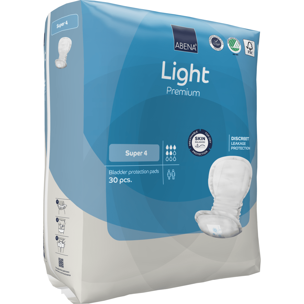 Die ABENA Light Super 4, Premium von Abena Re-Seller GmbH in der blau-weißen 30er-Packung bietet diskreten Auslaufschutz und hautfreundlichen Komfort.