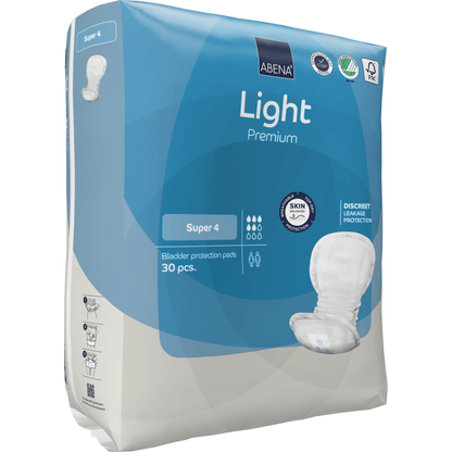 Die ABENA Light Super 4, Premium von Abena Re-Seller GmbH in der blau-weißen 30er-Packung bietet diskreten Auslaufschutz und hautfreundlichen Komfort.