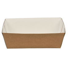 The Abena Re-Seller GmbH fries tray, Kraft is a rectangular, open-top container made of brown Kraft paper with a white lining - an environmentally friendly packaging for your food, shown here from a slightly elevated angle against a white background.