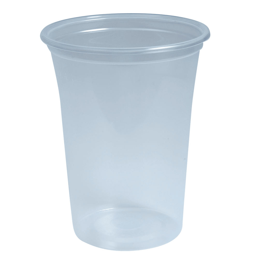 Abgebildet ist ein transparentes Abena Re-Seller GmbH Trinkglas aus bruchfestem Polypropylen vor einem weißen Hintergrund. Dieser spülmaschinenfeste Becher hat einen leicht ausgestellten Rand und glatte Seiten.