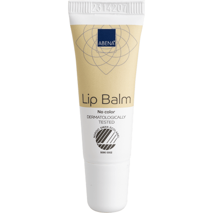 Die beige-weiße 10-ml-Tube der Abena Re-Seller GmbH Lippenpflegesalbe mit weißer Kappe und der Aufschrift "No color", "DERMATOLOGISCH GEPRÜFT" und dem Nordic Swan Ecolabel spendet Feuchtigkeit für weiche, gesunde Lippen. Erhältlich als Karton (300 Packungen).