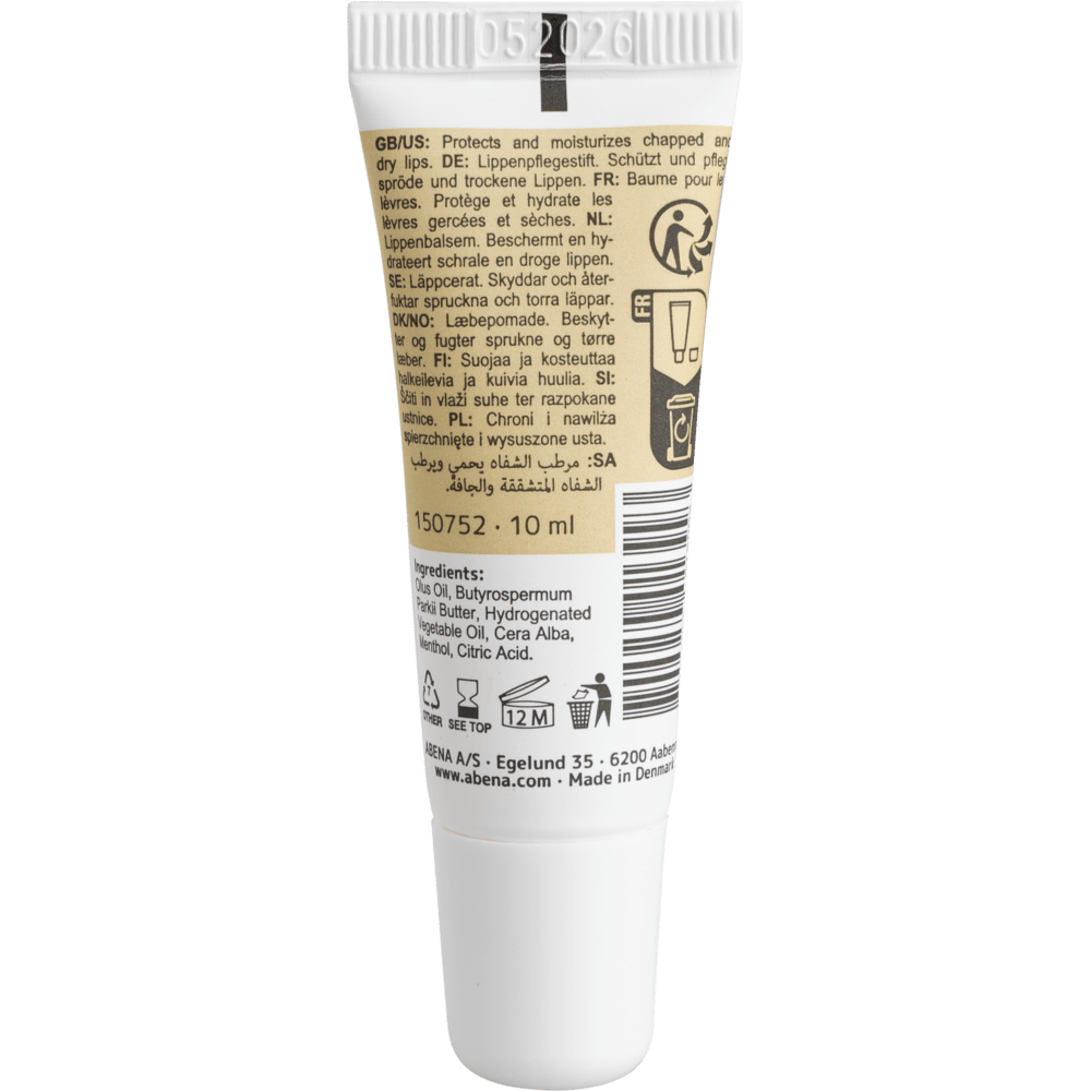 Die weiße 10-ml-Tube der Abena Re-Seller GmbH Lippenpflegesalbe mit beigem Etikett enthält Produktinformationen, Anwendungshinweise in mehreren Sprachen, Inhaltsstoffe, Symbole, eine weiße Kappe und das Verfallsdatum "05 2026" auf der Oberseite; erhältlich in Kartons zu 300 Stück.