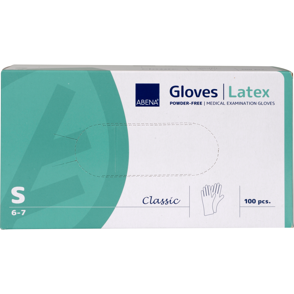 Eine Box Abena Re-Seller GmbH Latex-Handschuhe Classic, puderfrei, natur, Größe S (6-7), enthält 100 Stück. Die überwiegend teal-weiße Box zeigt Produktdetails und eine Handschuh-Illustration auf der Vorderseite.