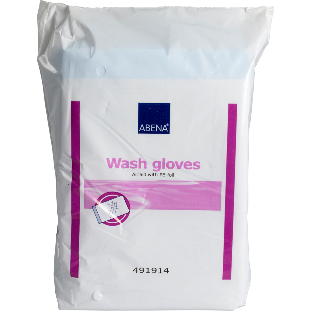 Eine versiegelte Kunststoffpackung mit 50 Abena Re-Seller GmbH Waschhandschuhen (16x23 cm, Airlaid/PE, Weiß) hat eine weiße Verpackung mit rosa und blauen Akzenten, eine Handschuhabbildung und die Produktnummer 491914 am unteren Rand.