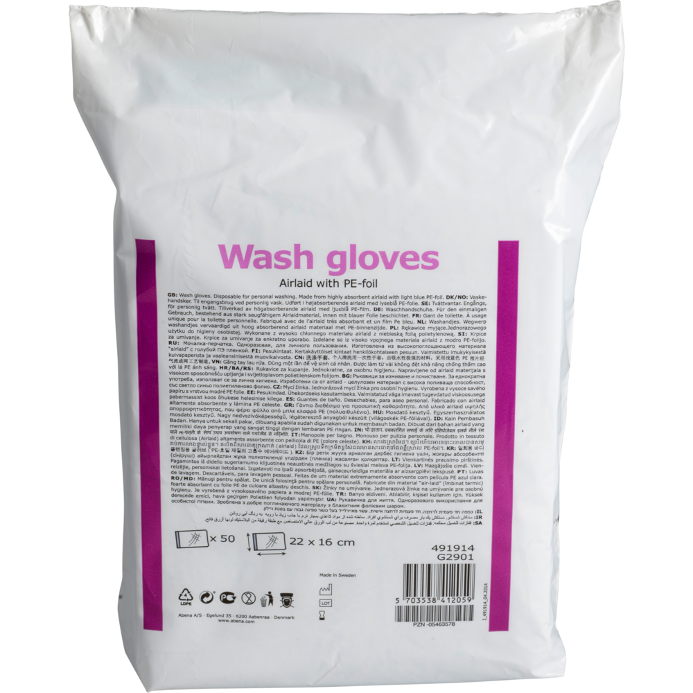 Eine weiße Verpackung mit der Aufschrift "Waschhandschuhe" der Abena Re-Seller GmbH enthält 50 Paar weiße Airlaid/PE-Waschhandschuhe (16x23 cm) mit Produktinformationen und Anleitungen in mehreren Sprachen.