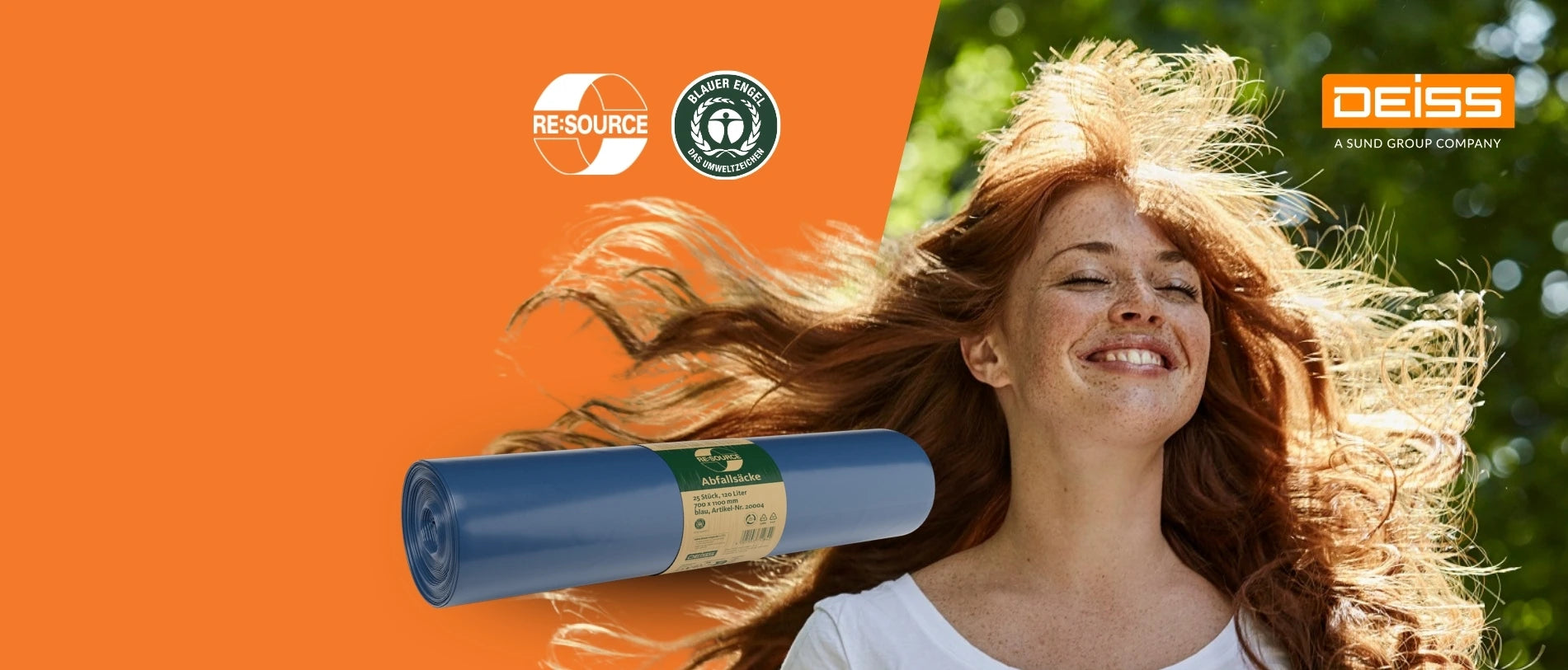 Banner von DEISS: Eine lächelnde Frau mit wehenden Haaren im Sonnenlicht neben einer Rolle blauer Müllsäcke, dazu der Text „DEISS heißt: Nachhaltige Qualität, auf die Sie sich verlassen können“ sowie Nachhaltigkeitssiegel und ein „Jetzt bestellen“-Button.