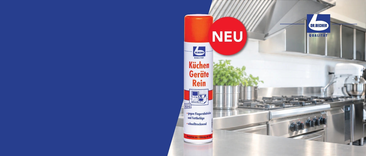 Dr. Becher Küchen Geräte Rein Spraydose vor einer modernen Edelstahl-Großküche, mit rotem „NEU“-Hinweis und Dr.-Becher-Logo.