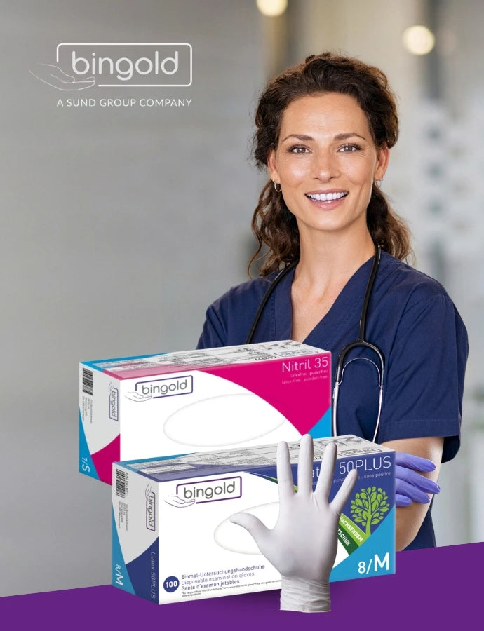 Werbebanner von Bingold mit zwei Verpackungen weißer Einmal-Untersuchungshandschuhe und einem weißen Handschuh vor violettem Hintergrund. Rechts steht eine lächelnde medizinische Fachkraft in dunkelblauer Arbeitskleidung mit Stethoskop und violetten Handschuhen.