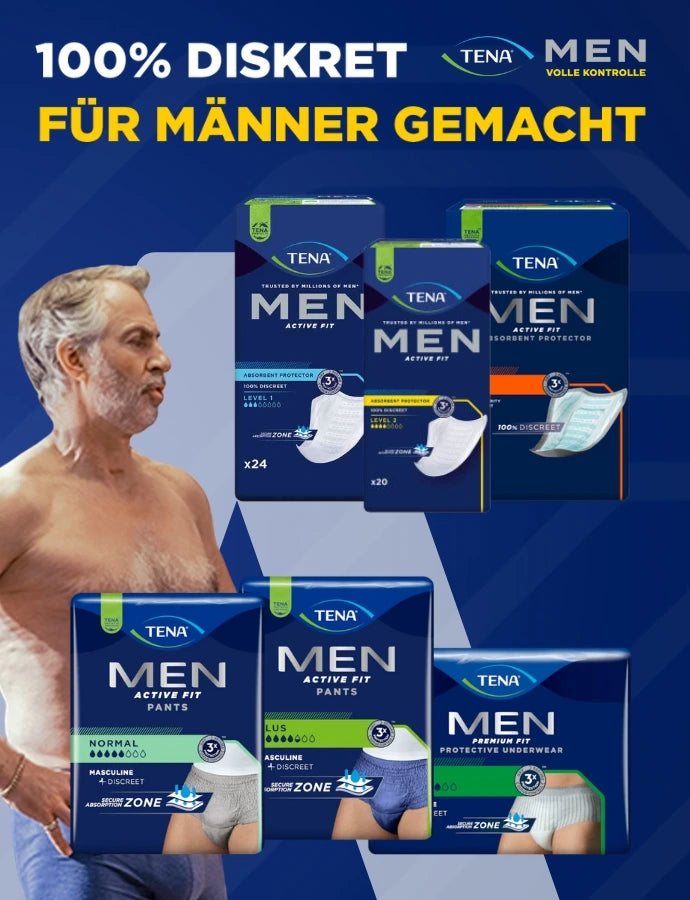 erbegrafik für TENA Men Inkontinenzprodukte auf blauem Hintergrund. Links ist ein älterer Mann in Unterwäsche seitlich dargestellt. Rechts und mittig sind verschiedene Verpackungen der Produktlinien TENA Men Active Fit, Active Fit Pants und Premium Fit zu sehen. Oben steht der Schriftzug ‚100 % diskret – für Männer gemacht‘ sowie das TENA-Men-Logo.