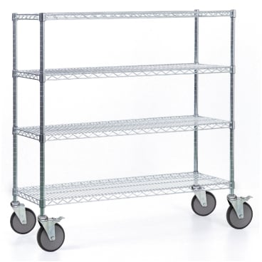 Ein Novocal Regalwagen aus vernickeltem, hochglanzverchromtem Präzisionsstahl mit 4 Eckpfosten und 4 G steht leer vor weißem Hintergrund. Ideal für Lagerhaltung. Die Packung enthält 1 Stück.