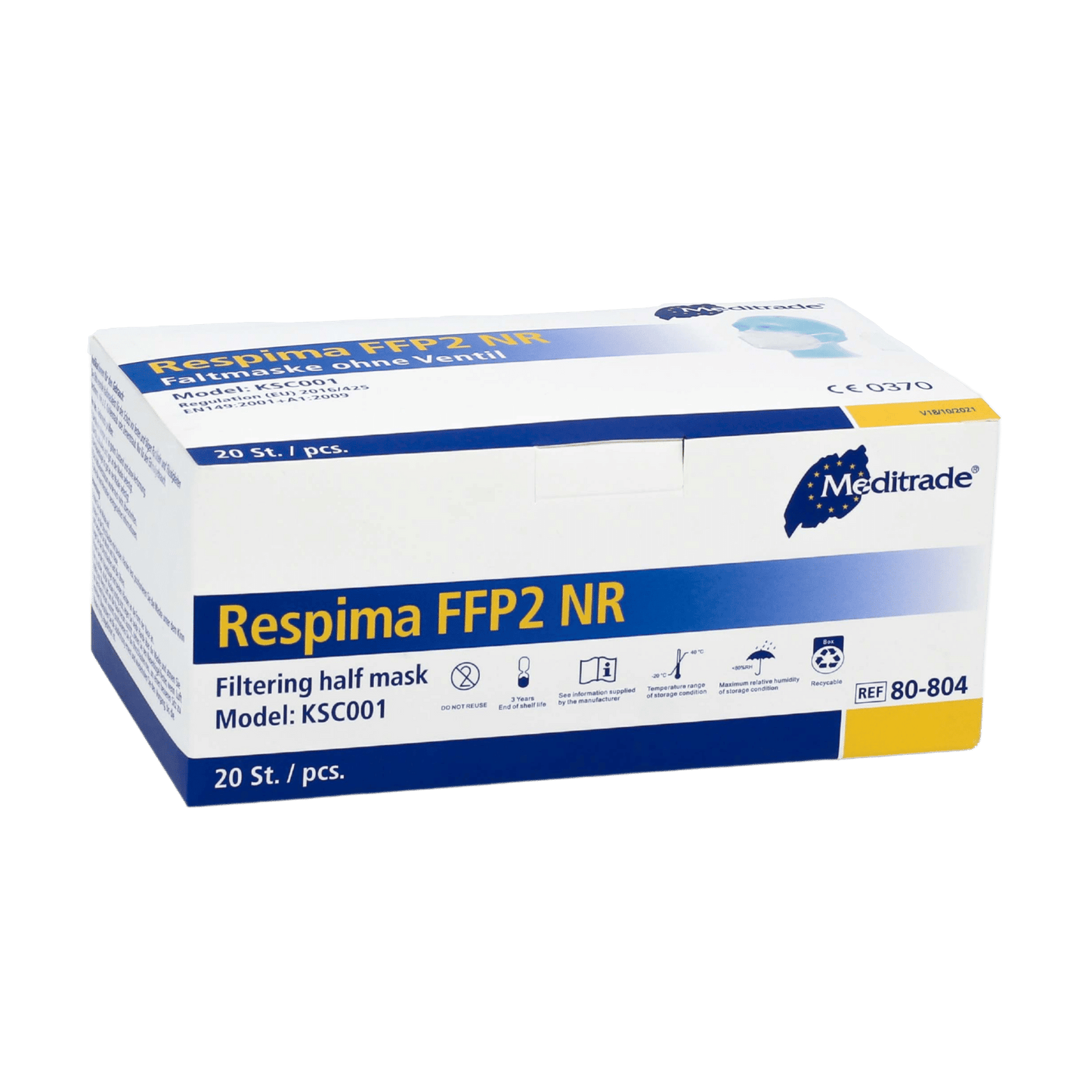 A box of Meditrade Respima FFP2 respirator masks is presented against a plain background. The white box with blue details shows that it contains 100 pieces and prominently displays the brand name Meditrade GmbH, known for personal protective equipment, in the upper right corner.