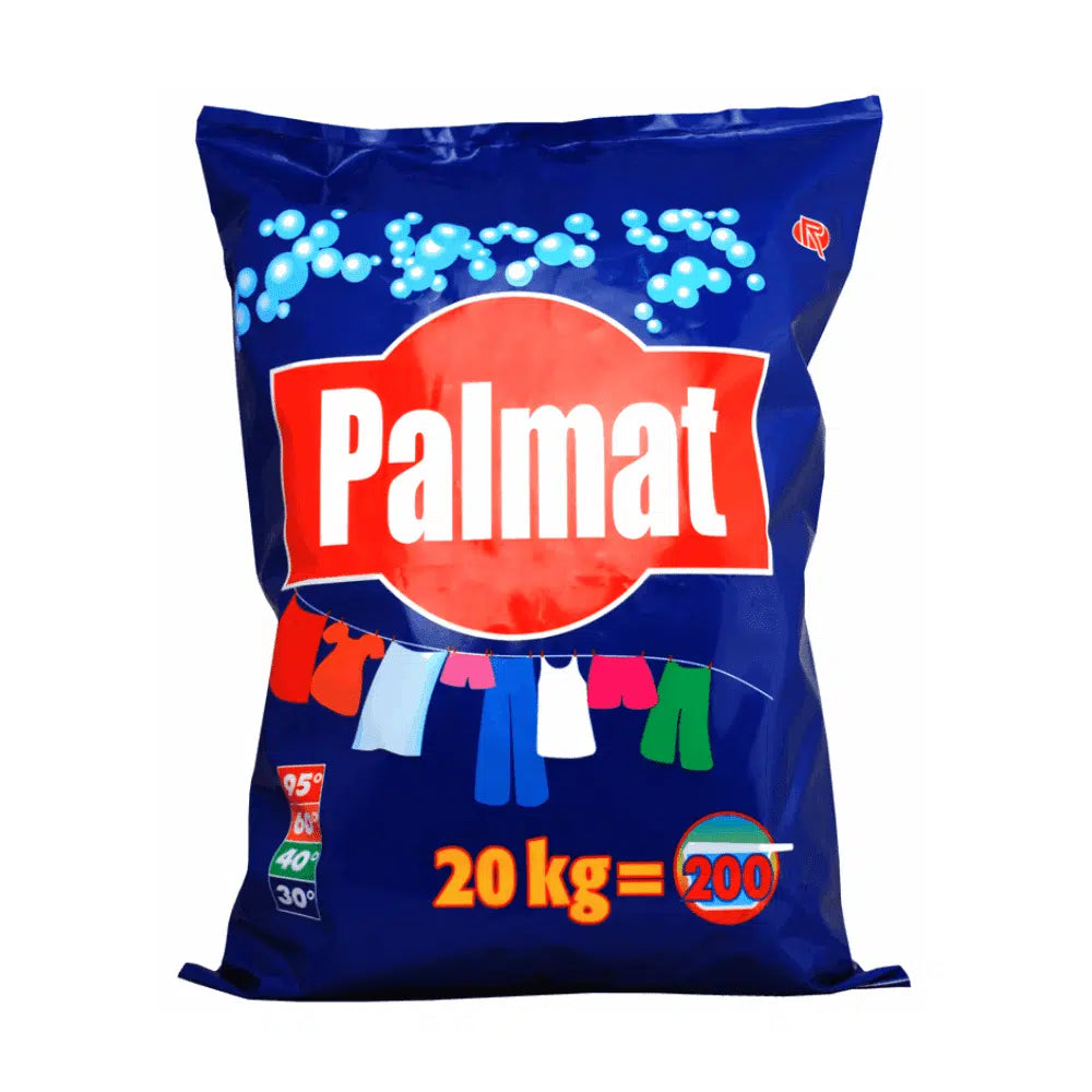 A blue packaging of the universal detergent Rösch Palmat, designed for large consumers, features a red circular logo adorned with images of colorful clothing and the text "20 kg = 200". Symbols on the side indicate the recommended washing temperatures for this all-purpose detergent.