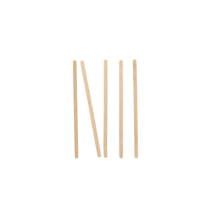 Fünf PAPSTAR Rührstäbchen Holz "pure" (14 cm) der PAPSTAR GmbH sind auf weißem Grund als Strichmännchen angeordnet: vier stehend, eines diagonal über die anderen gelegt.